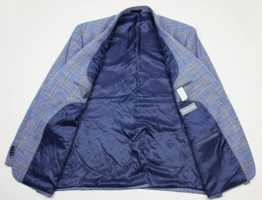 Michael Kors Sport Coat Mens 48 R Blue Rust Plaid Classic Fit Stretch Blazer